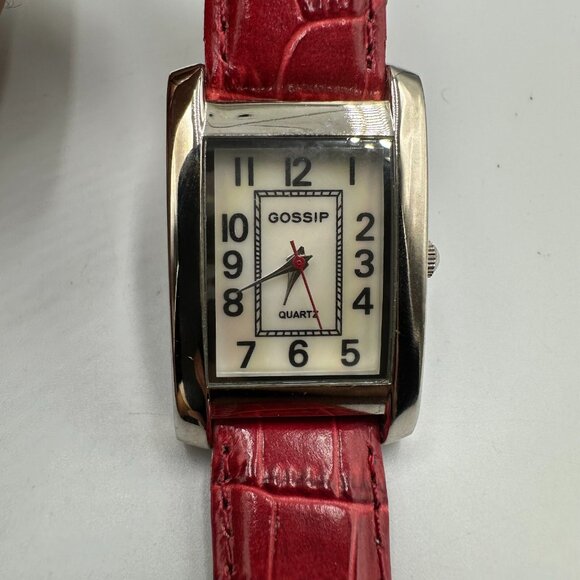 Gossip Tank Watch Women Silver Tone Red Second Hand Leather Band Works 9" - Picture 1 of 12